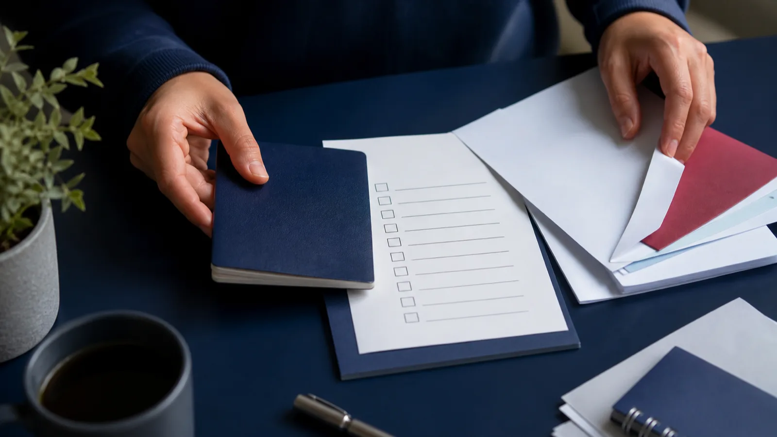 Passport and supporting documents being organized on a navy desk