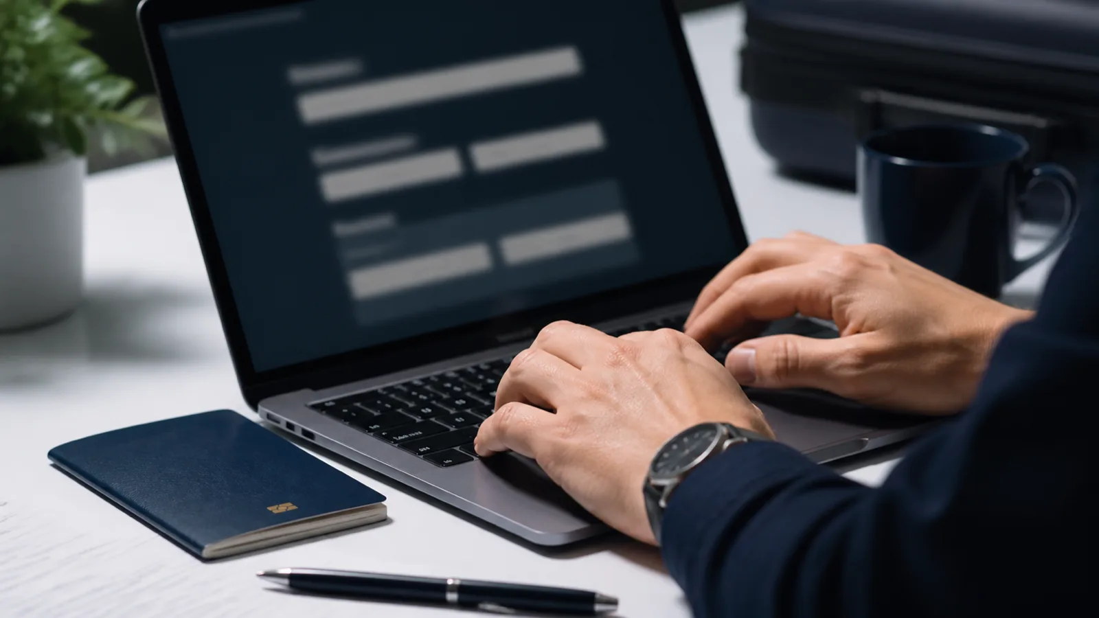 Laptop and passport arranged for completing a visa form