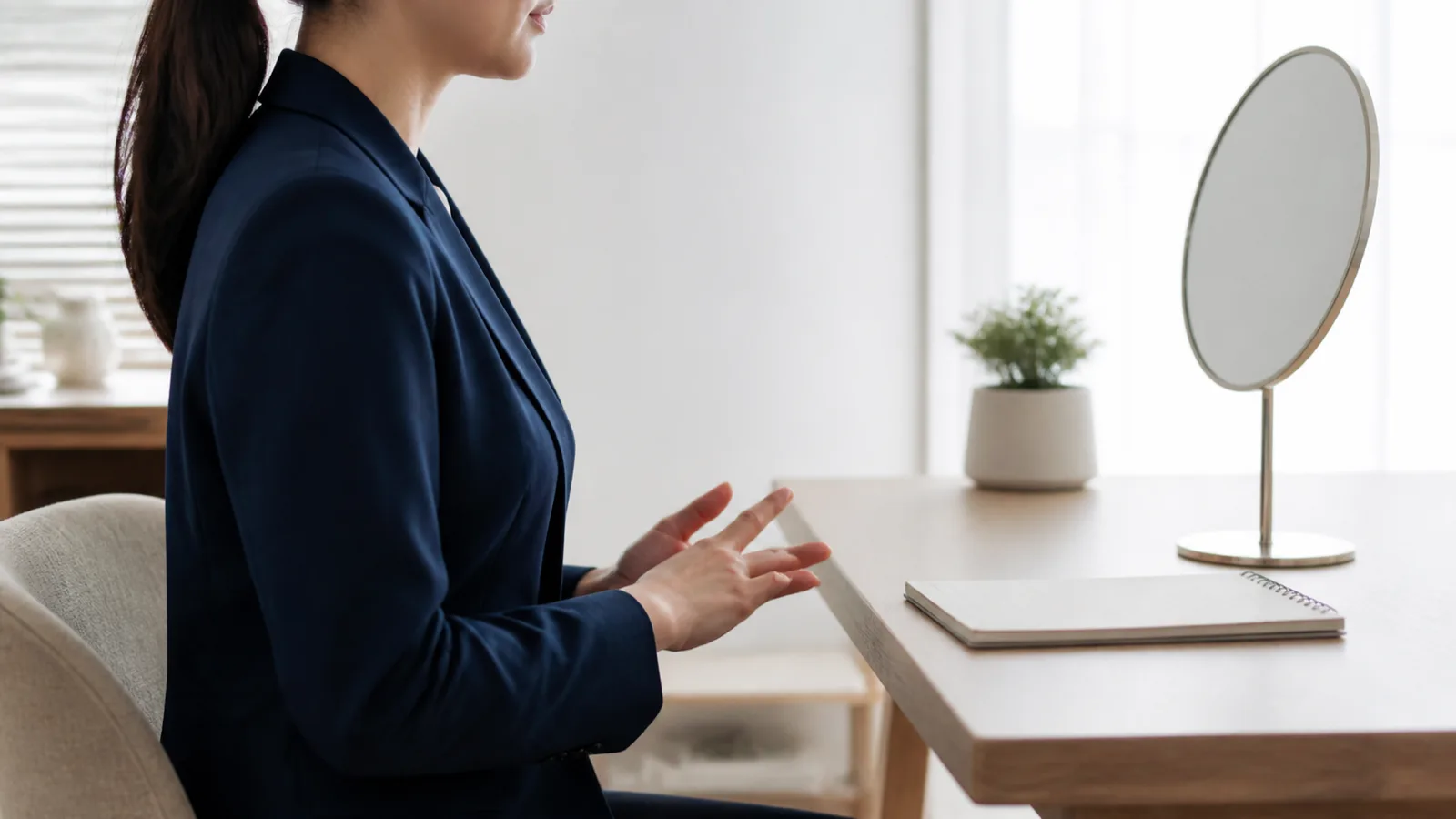 Applicant practicing for an interview with a notebook
