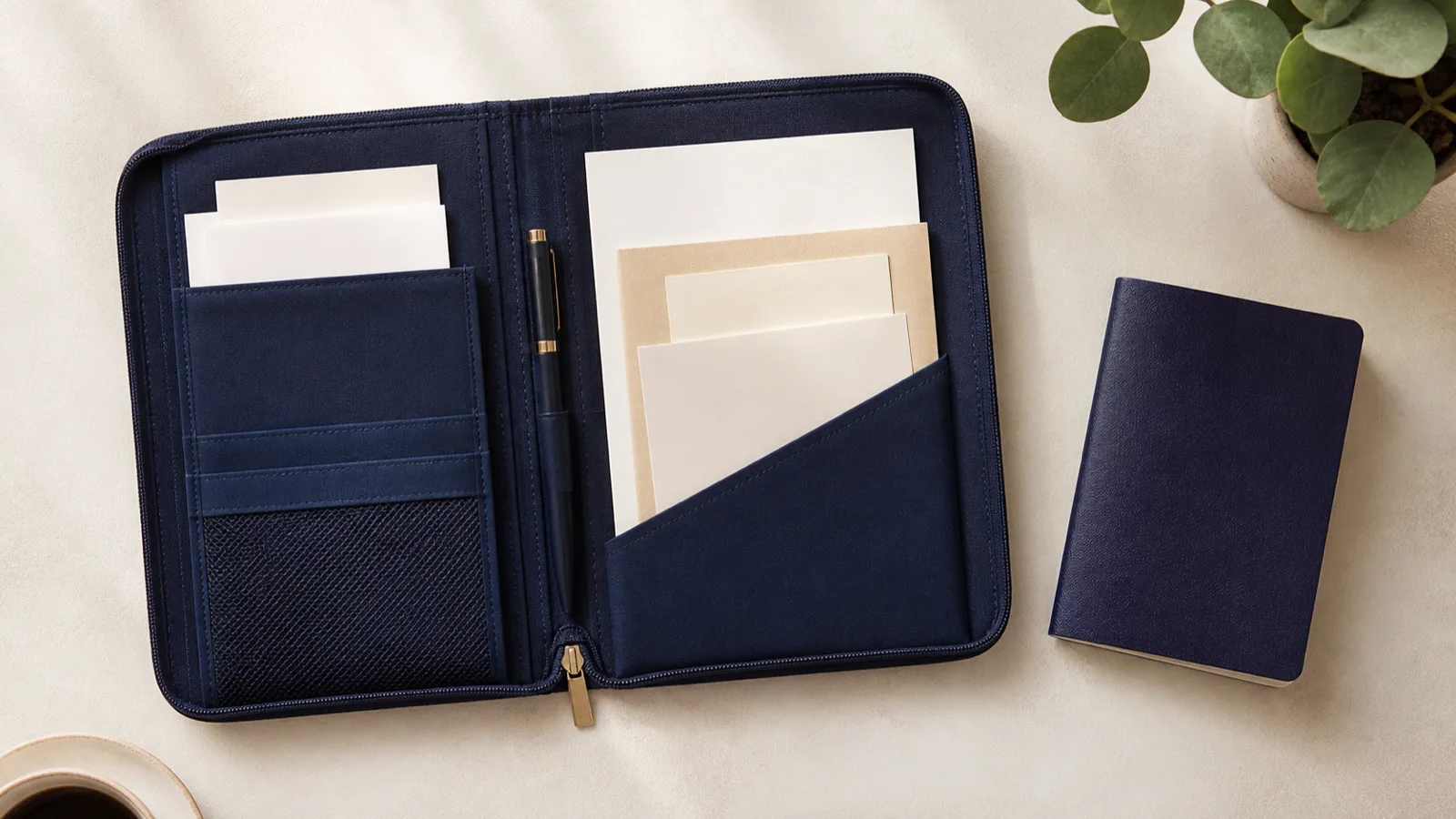 Travel documents neatly sorted inside a navy folio