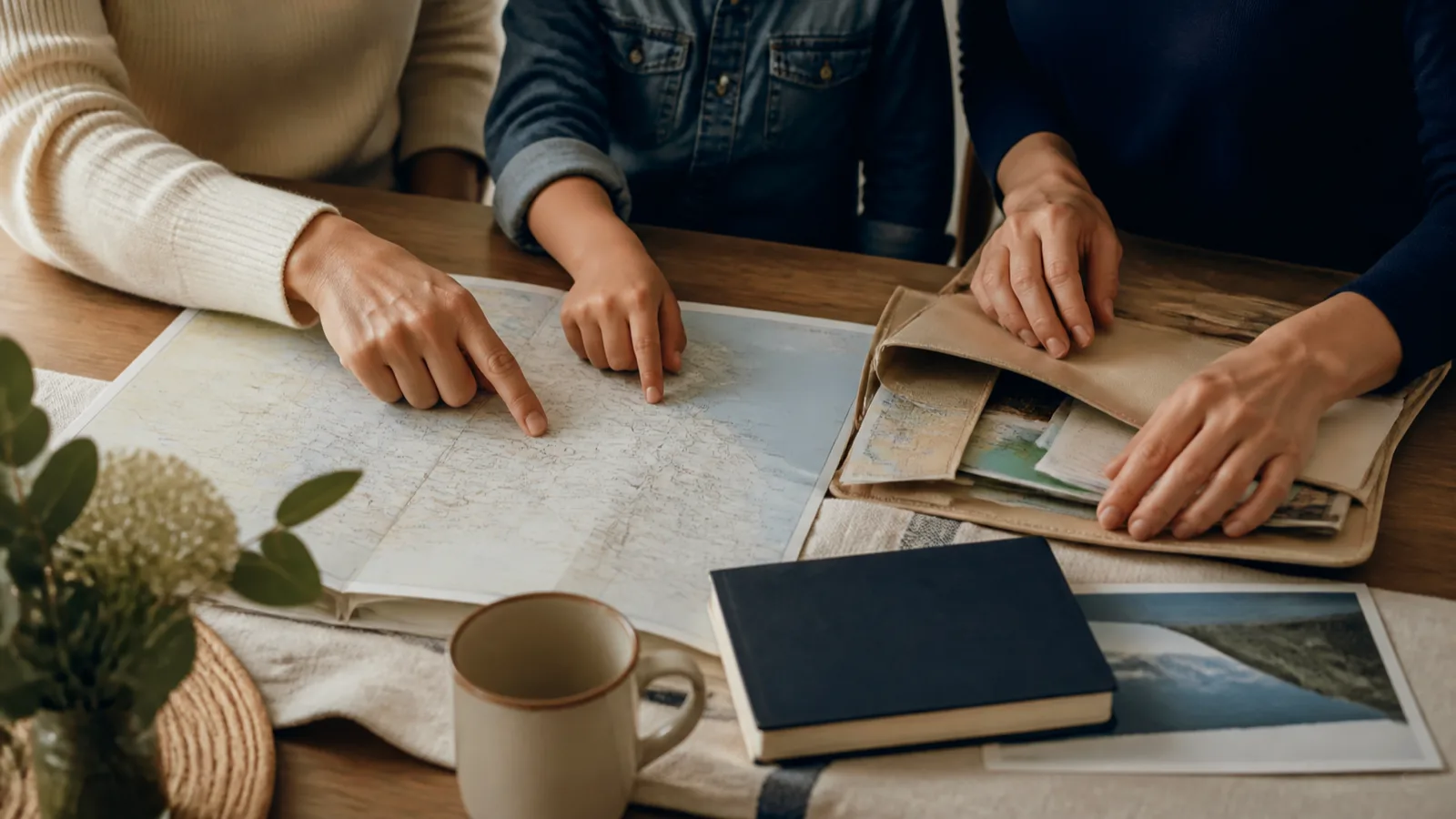 Family organizing a travel folder around a table